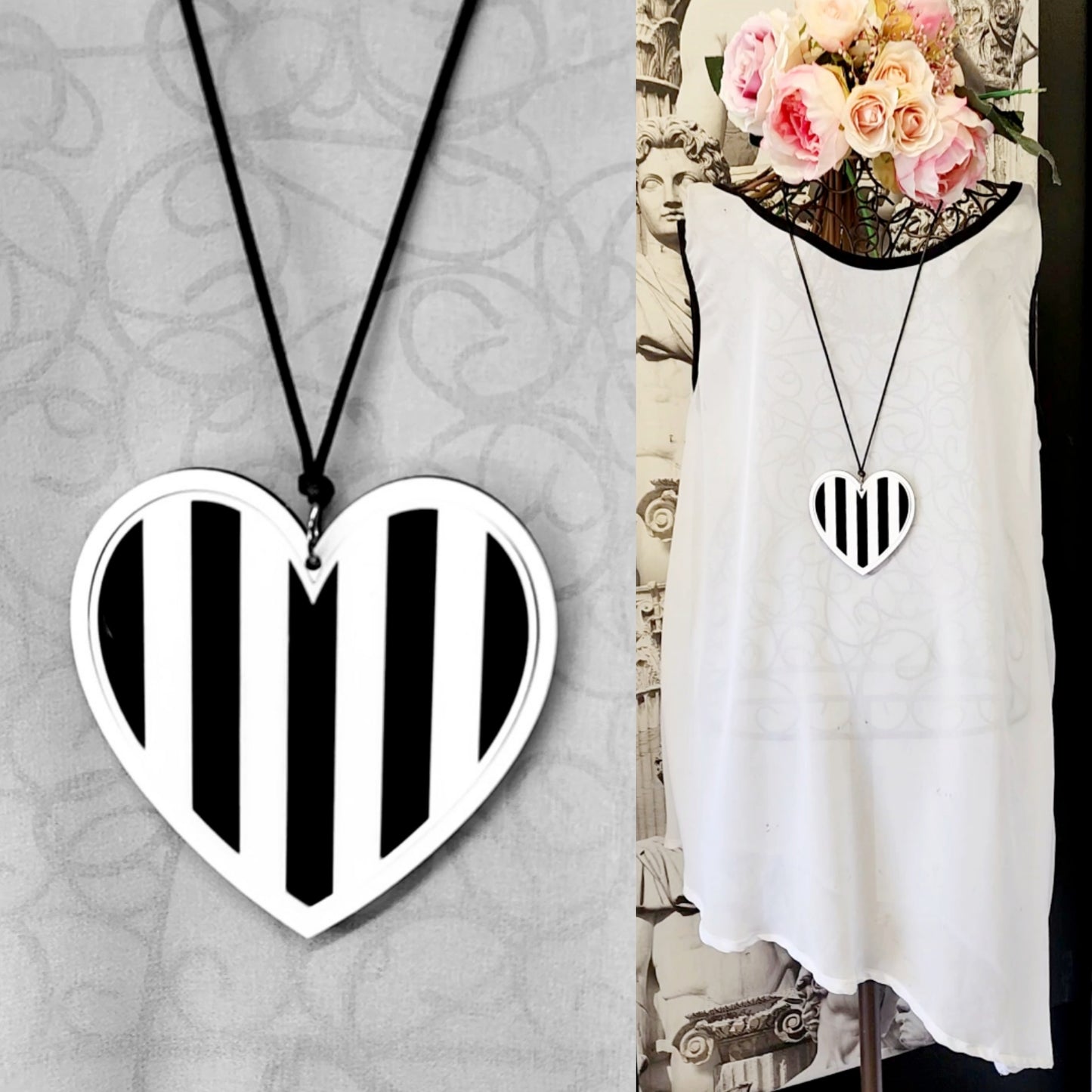 Stripey Heart Statement Necklace 6mm Thick Reversible