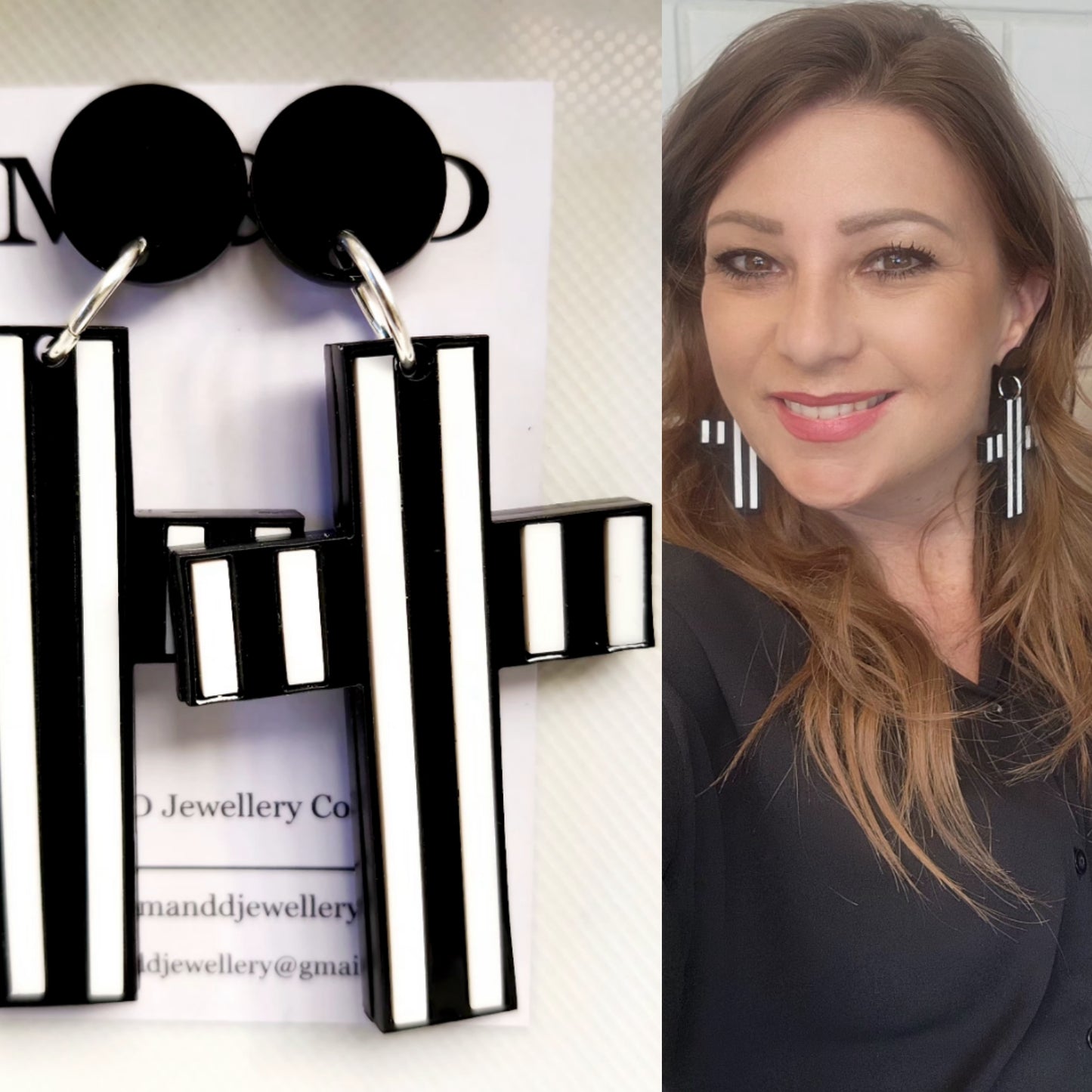 Stripey Cross Stud Dangle Earrings