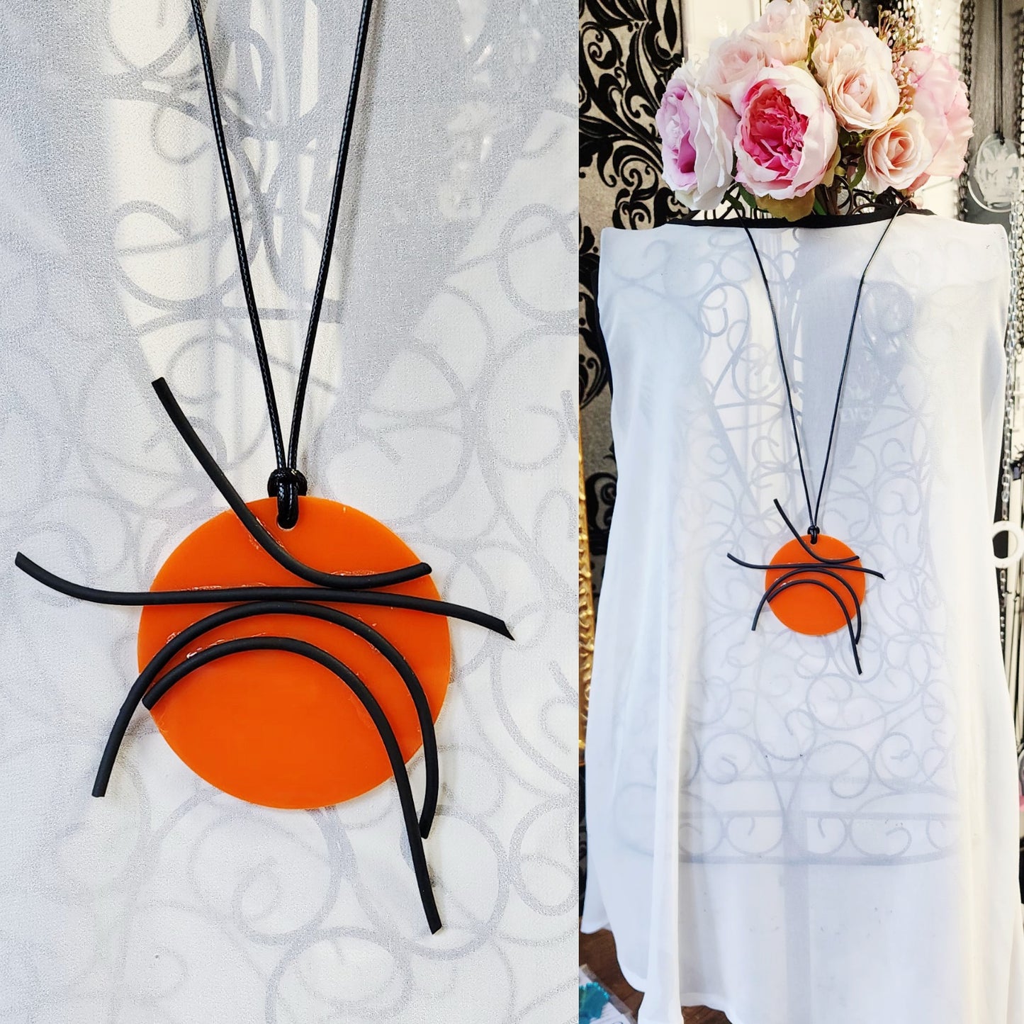 Rubber Disc Statement Necklace Orange