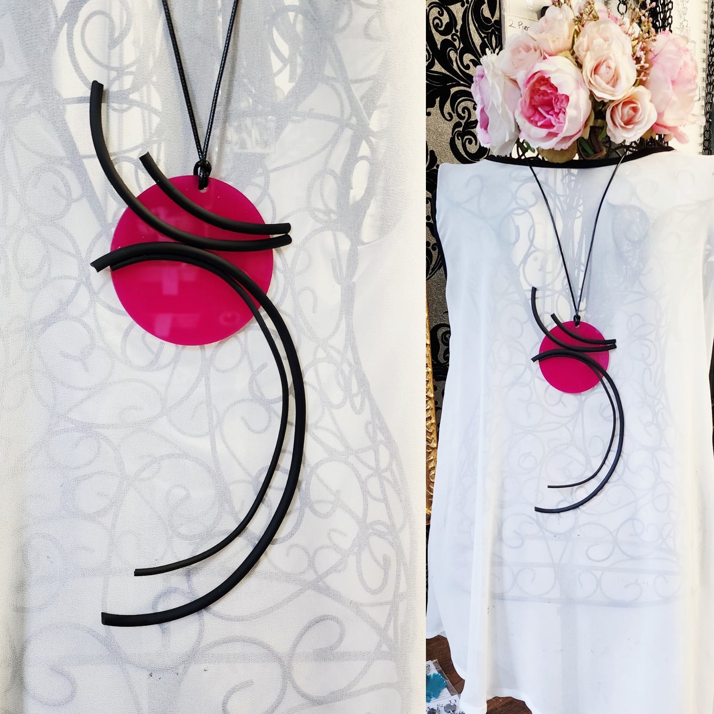Disc with Rubber Statement Necklace Hot Pink