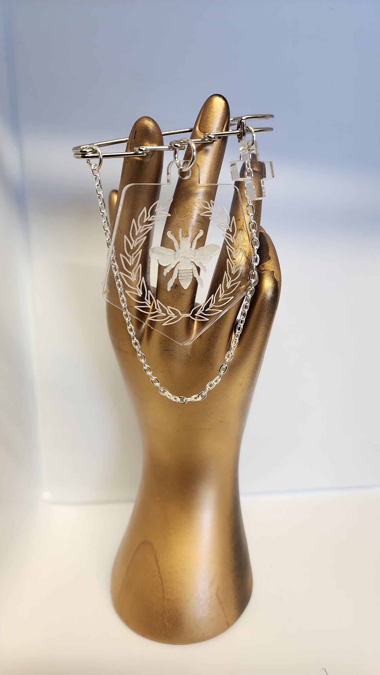 Kilt Pin Bee Engraved on Clear Brooch with Charm and chain detail