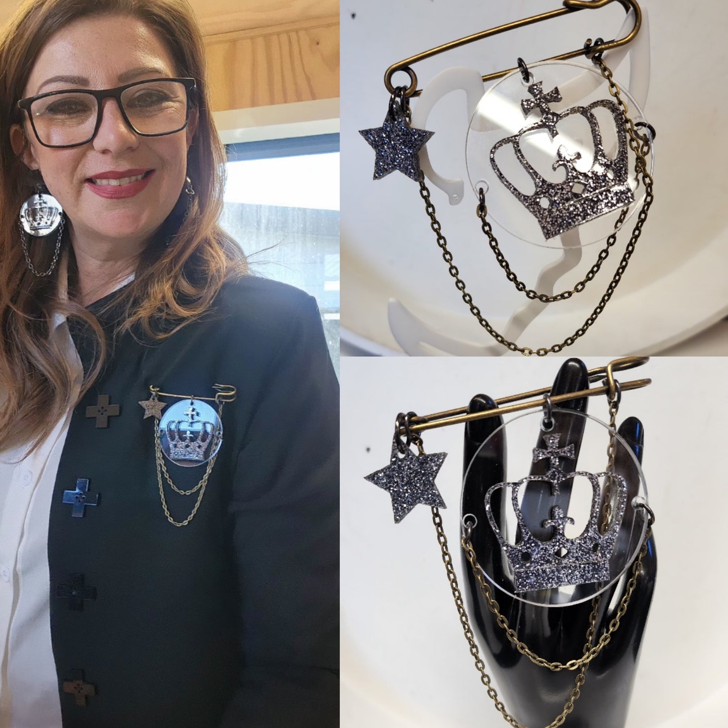 Kilt Pin Brooch with Crown Layer and chain detail