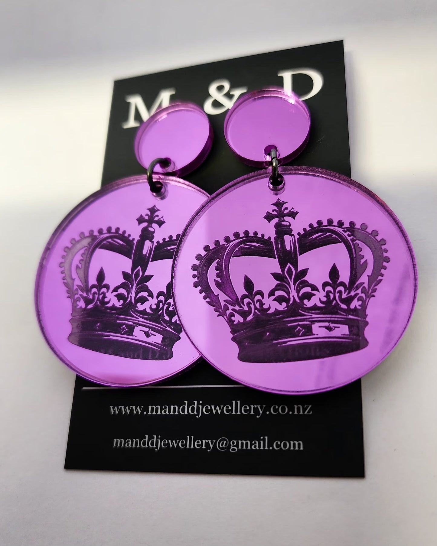 Engraved Crown Mirrored Stud Dangle Earrings