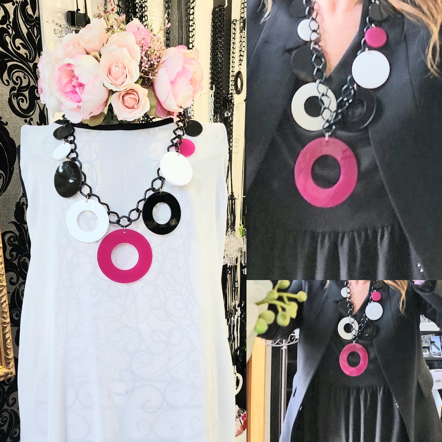 Spot the Disc Chain Necklace in Black White Hot Pink