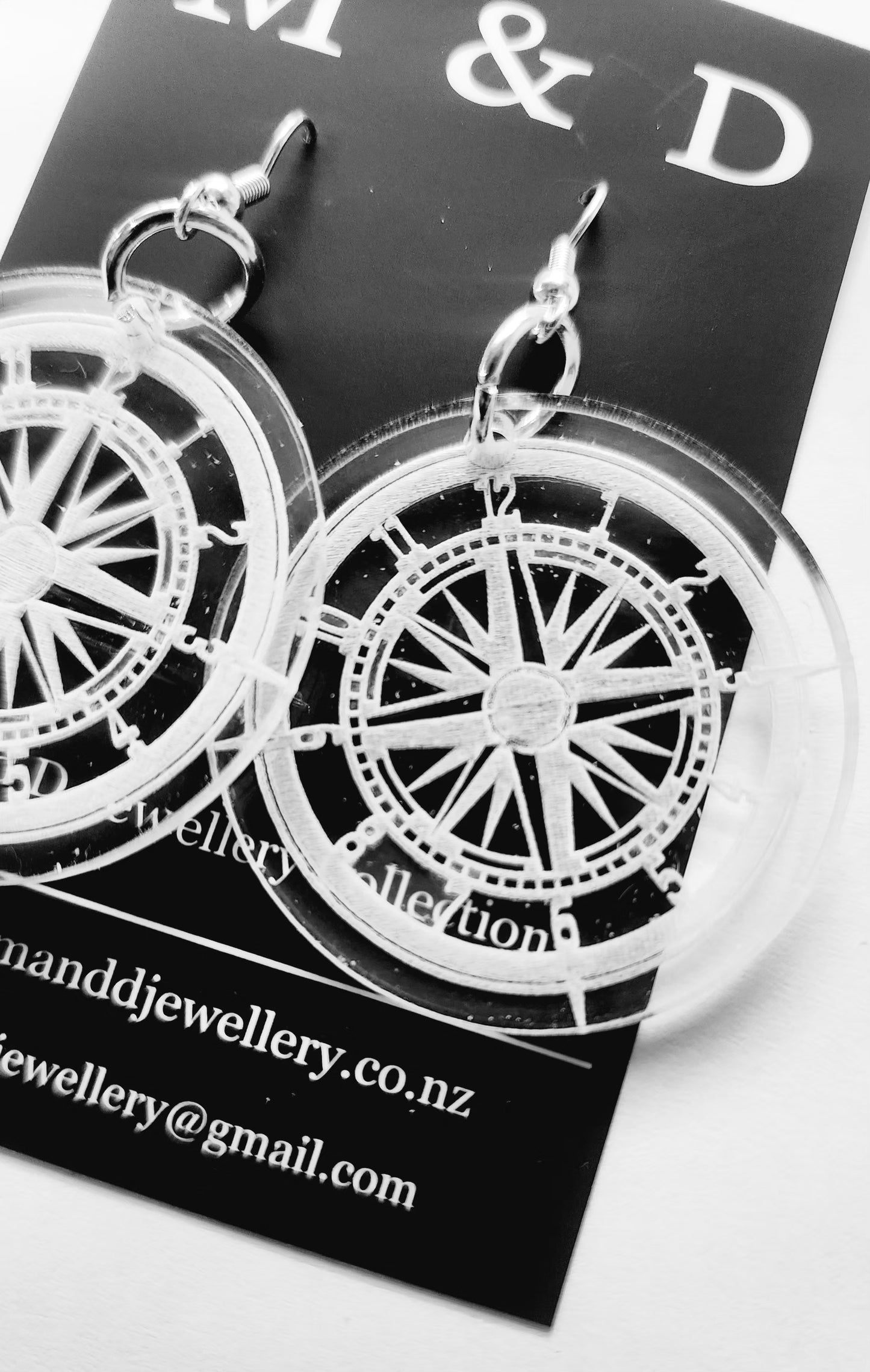 Engraved Compass Clock Dangles Earrings