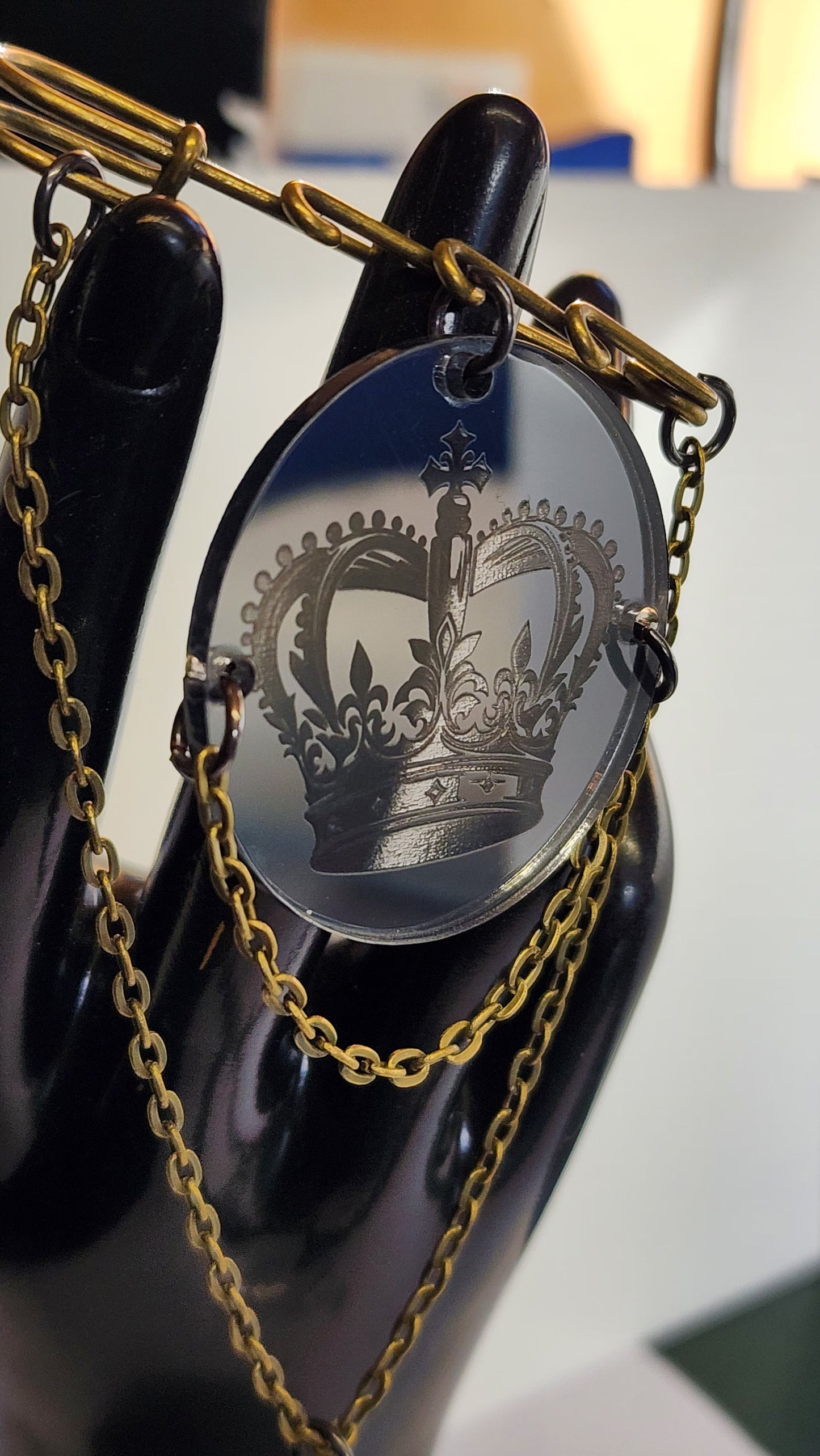 Kilt Pin Crown Engraved Mirror Brooch with chain and charm detail