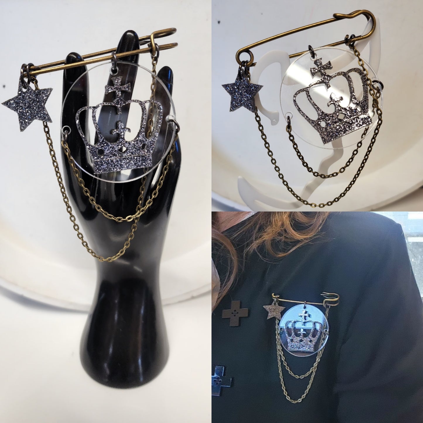 Kilt Pin Brooch with Crown Layer and chain detail