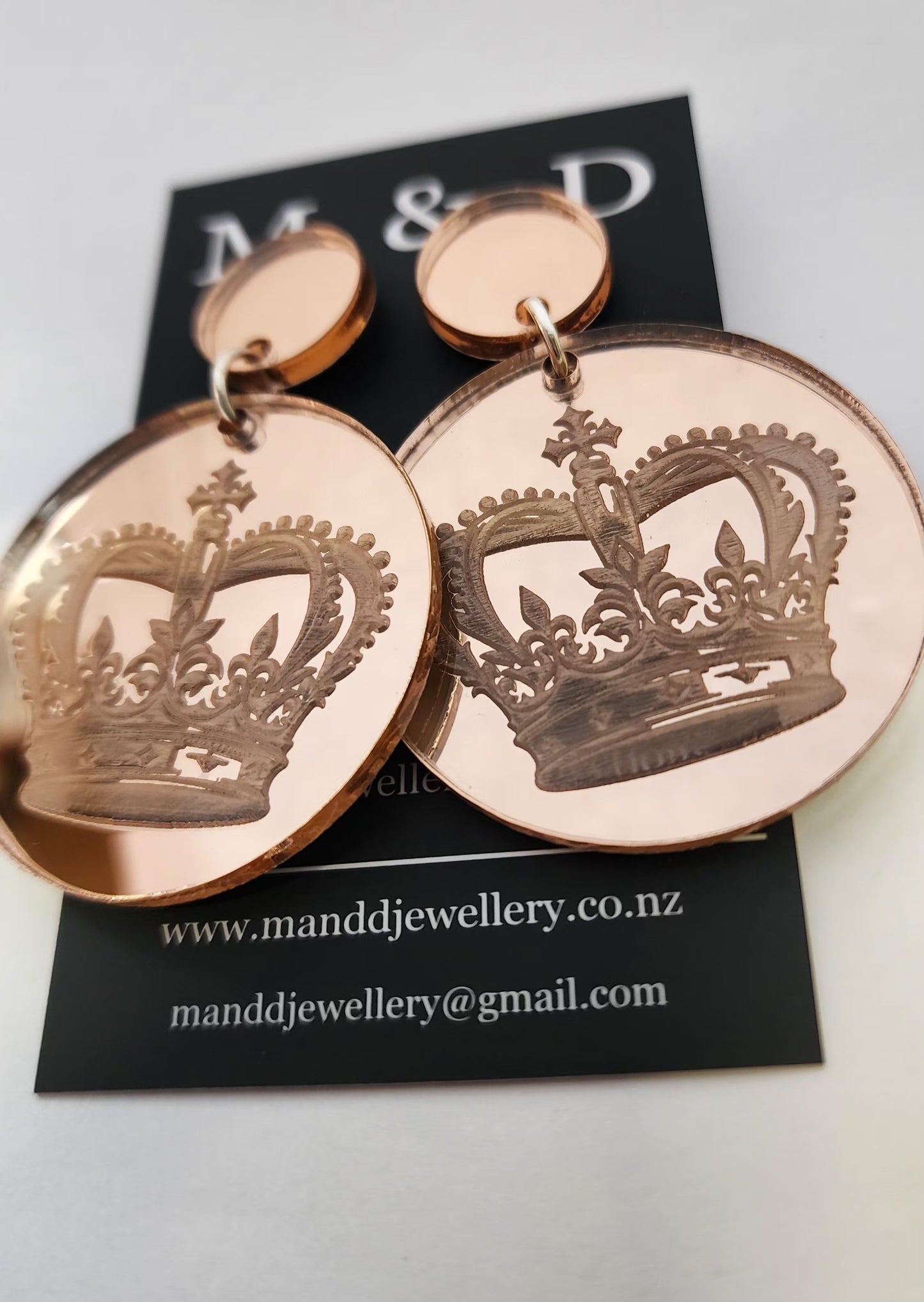 Engraved Crown Mirrored Stud Dangle Earrings