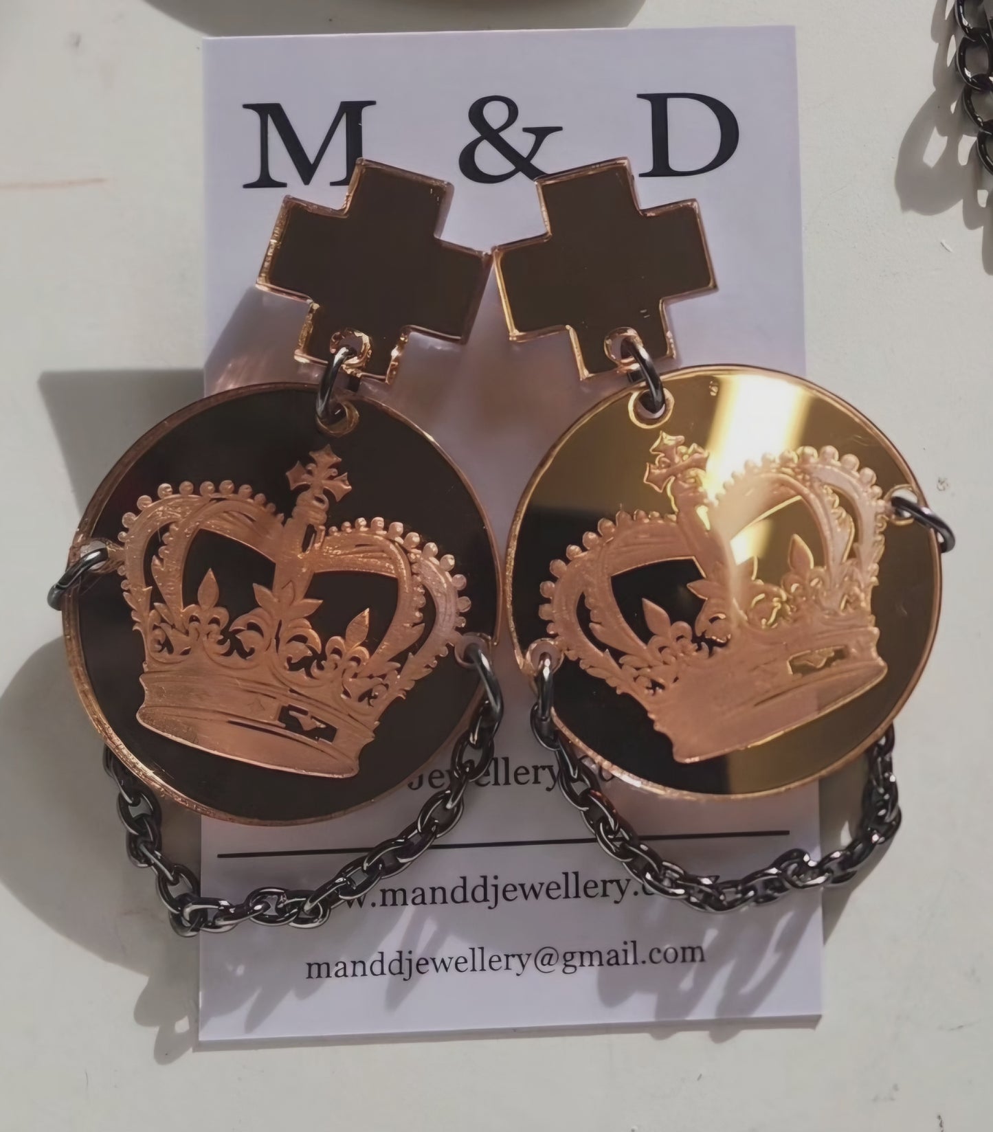 Crown Engraved Mirror Stud Dangle Earrings with chain detail