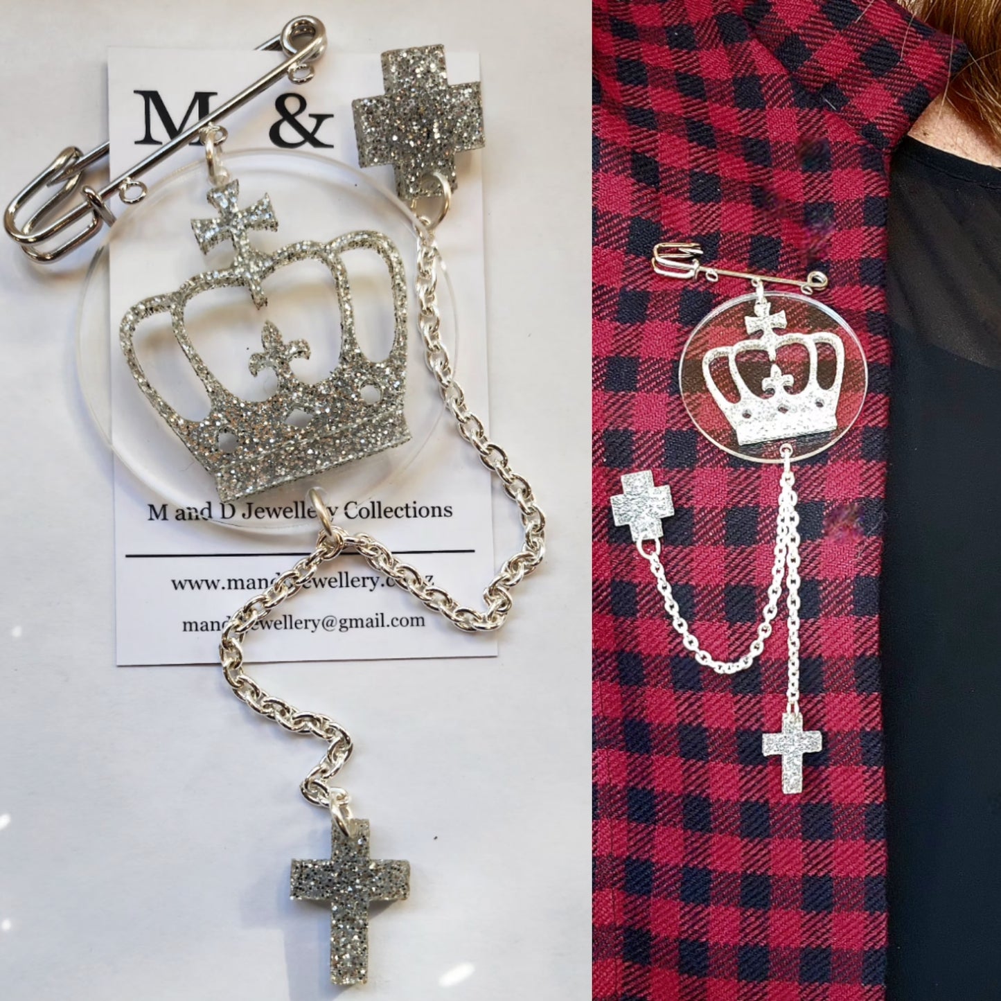 Kilt Pin Brooch with Crown Layer and chain detail