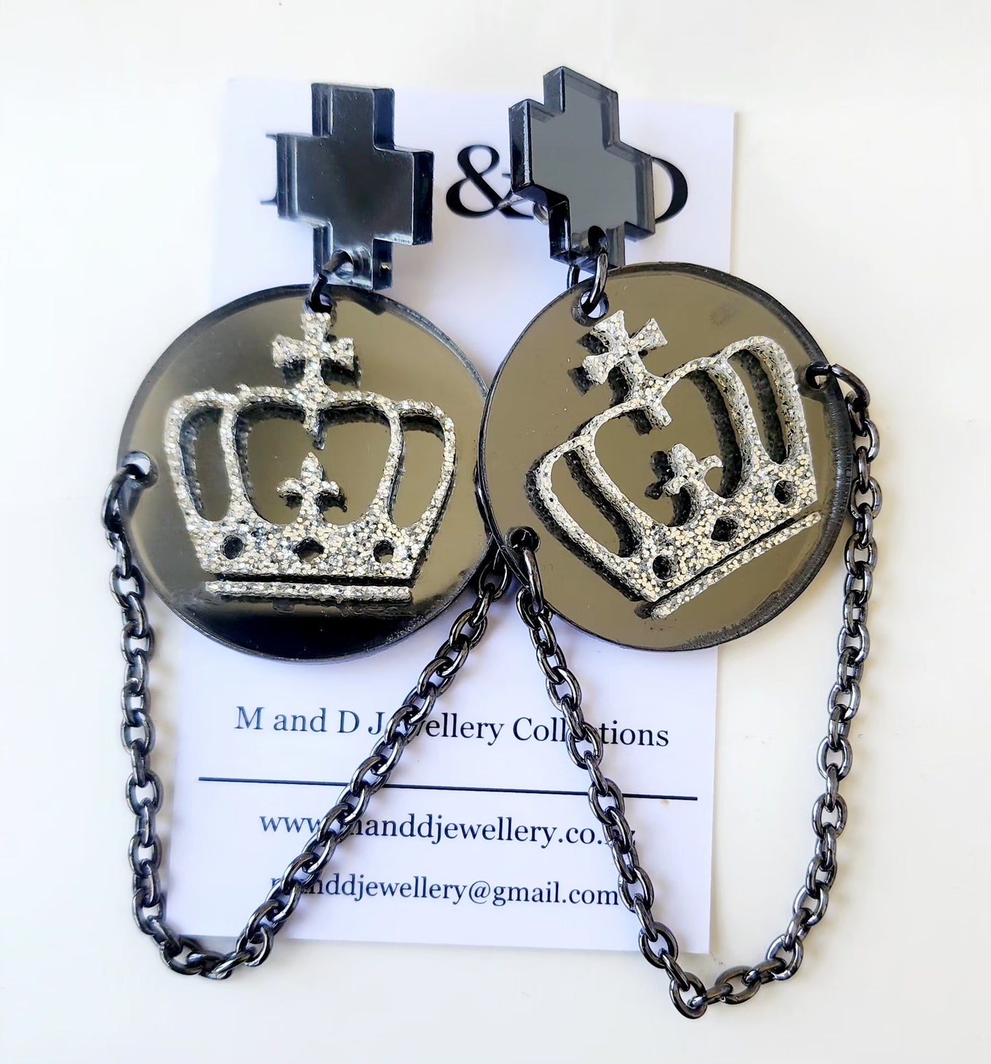 Crown on Glitter Disc Stud Dangles Earrings