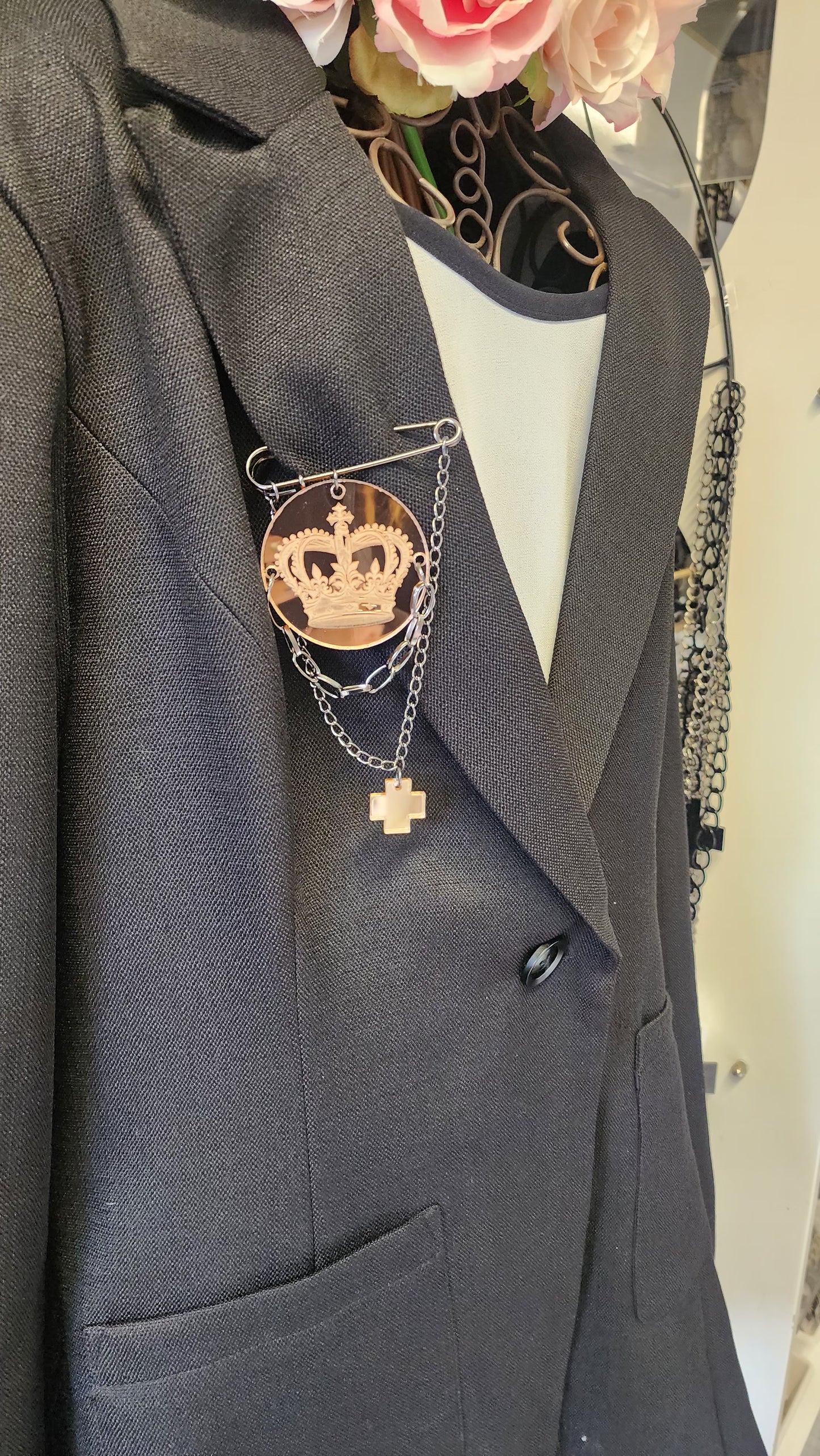Kilt Pin Crown Engraved Mirror Brooch with chain and charm detail
