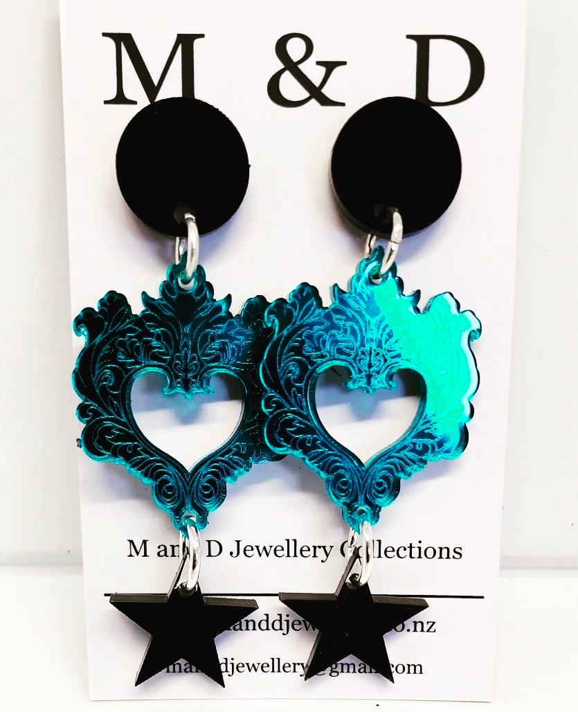 Engraved Mirror Feather Heart Trio Stud Dangle Earrings