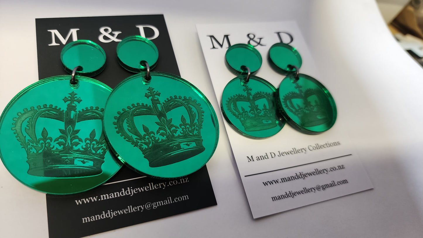 Engraved Crown Mirrored Stud Dangle Earrings