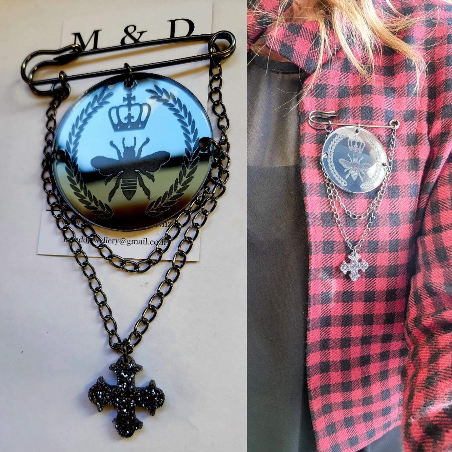 Kilt Pin Queen Bee Engraved Mirror Brooch with chain and charm detail