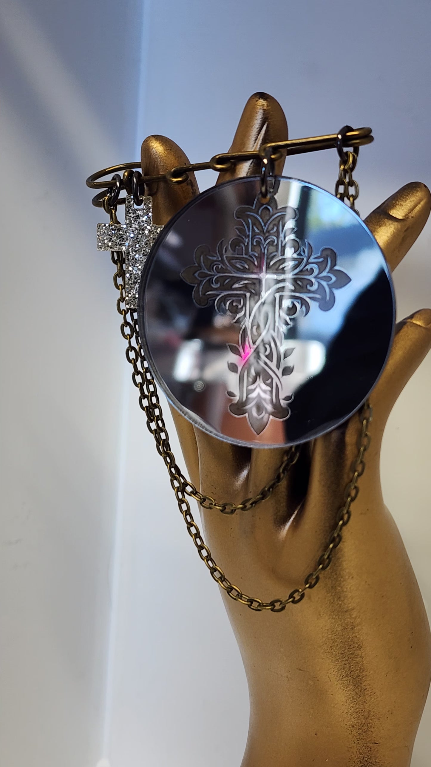 Kilt Pin Cross Engraved Mirror Brooch with chain and charm detail
