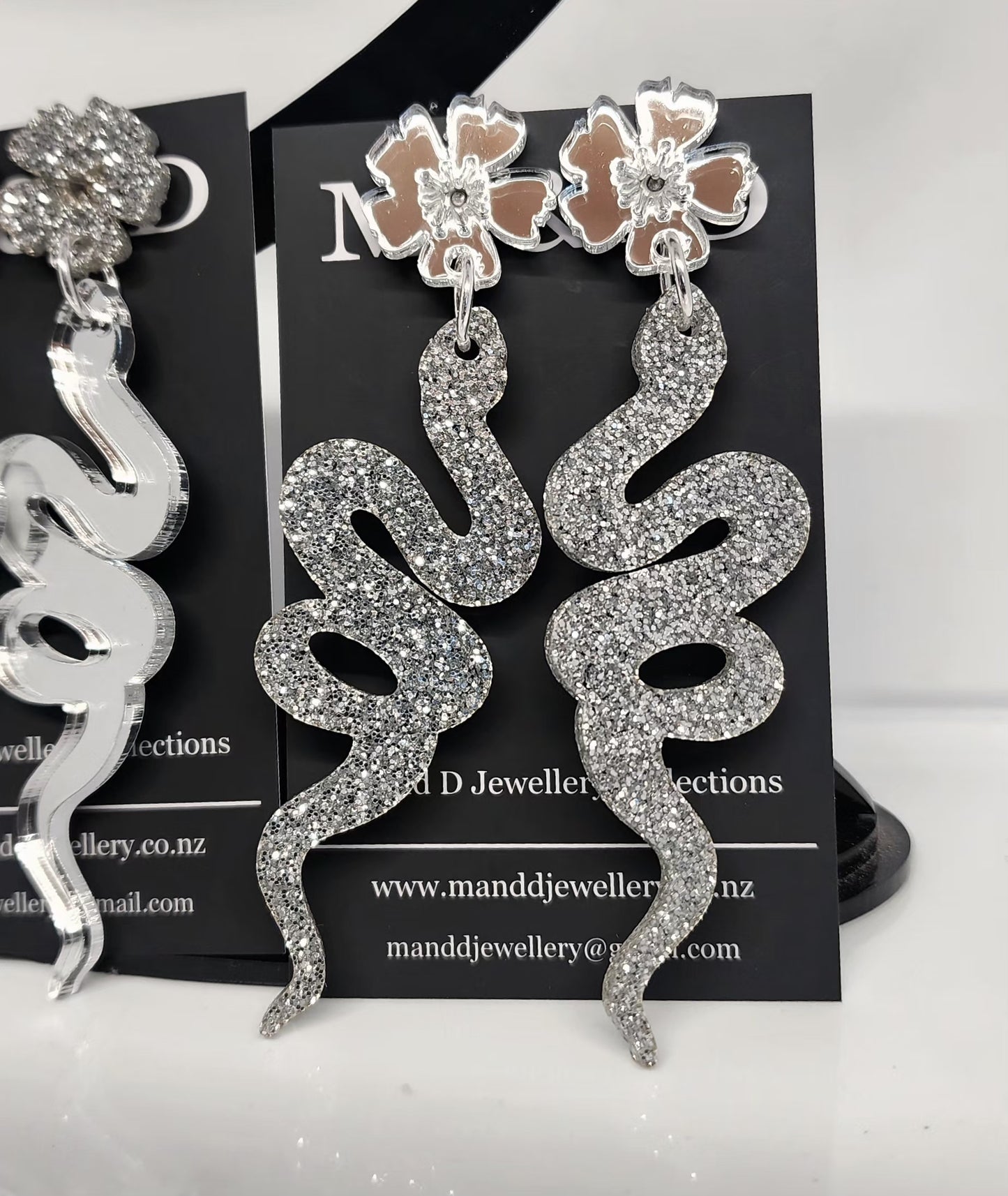 Snake Earrings with Floral Stud