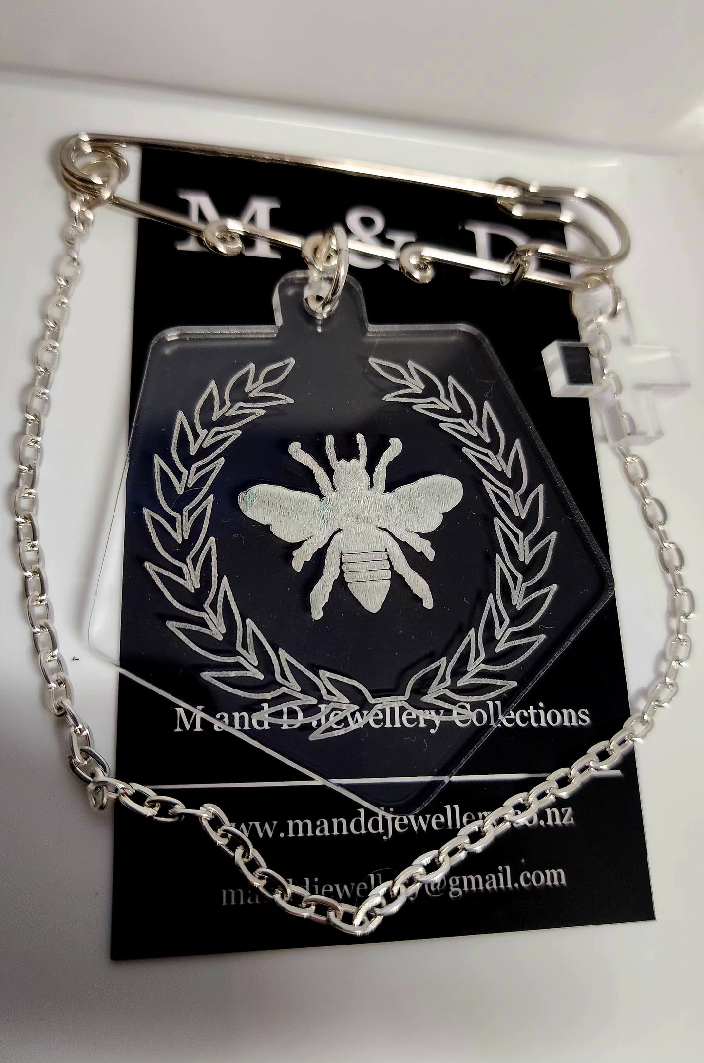 Kilt Pin Bee Engraved on Clear Brooch with Charm and chain detail