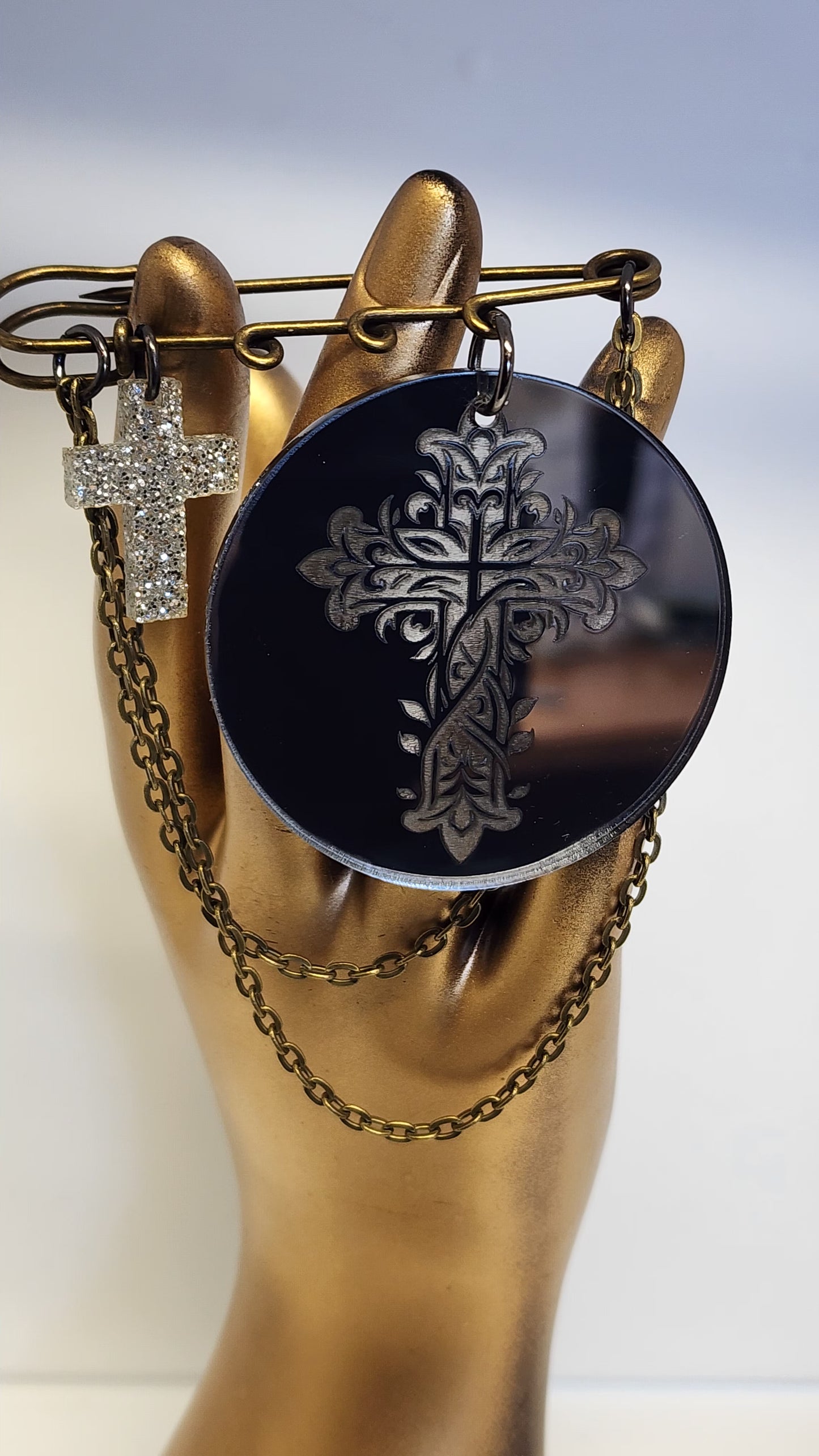 Kilt Pin Cross Engraved Mirror Brooch with chain and charm detail