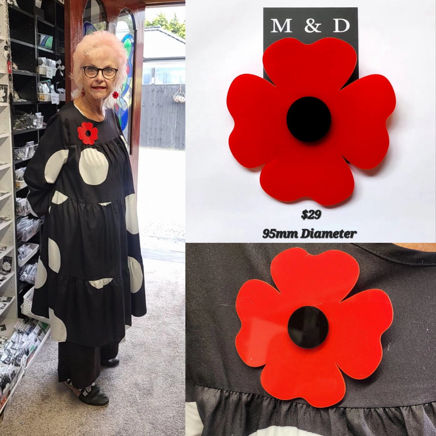 Anzac Poppy Traditional Large Brooch