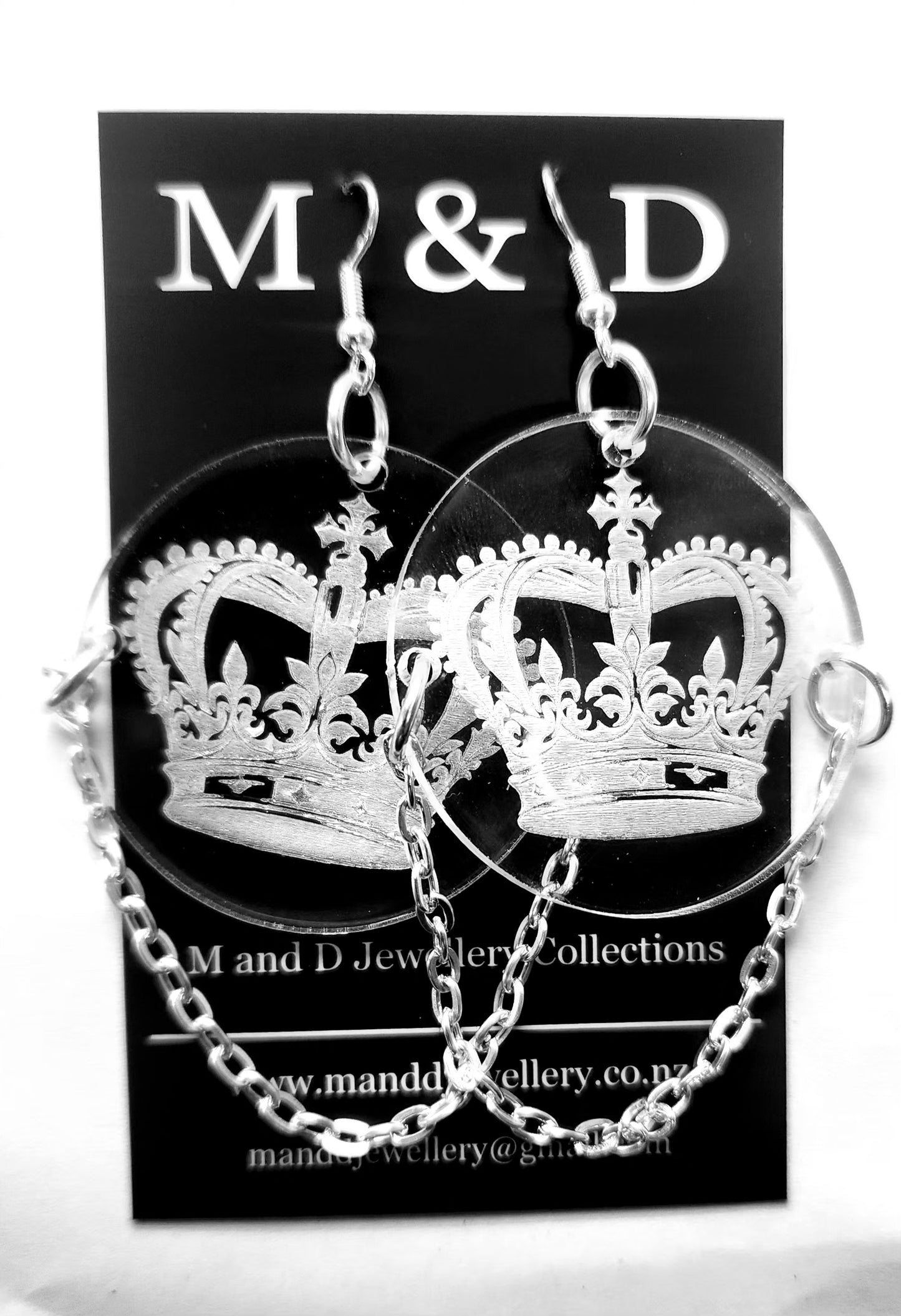 Crown Engraved Dangle Earrings with chain detail