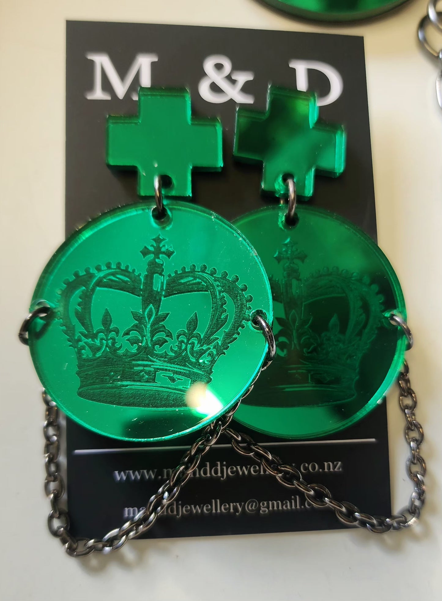 Crown Engraved Mirror Stud Dangle Earrings with chain detail