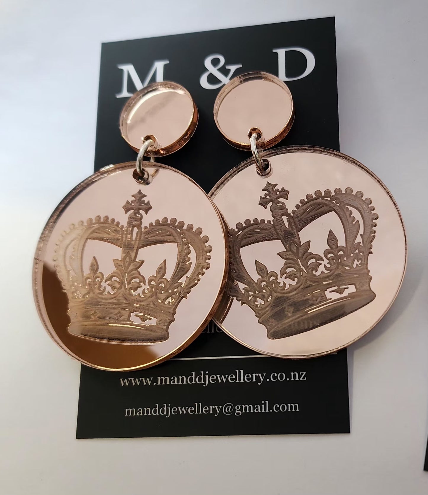 Engraved Crown Mirrored Stud Dangle Earrings