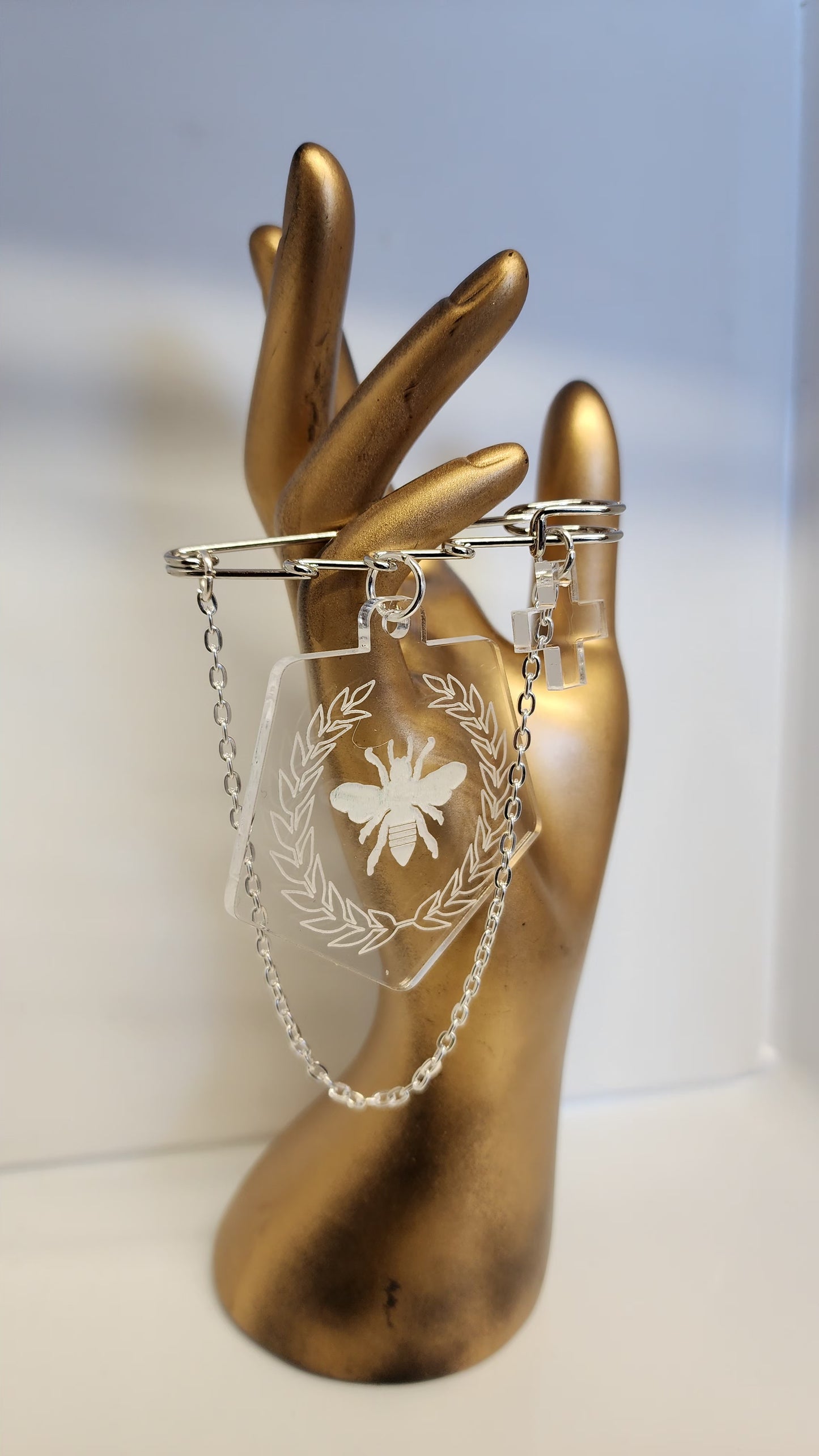 Kilt Pin Bee Engraved on Clear Brooch with Charm and chain detail