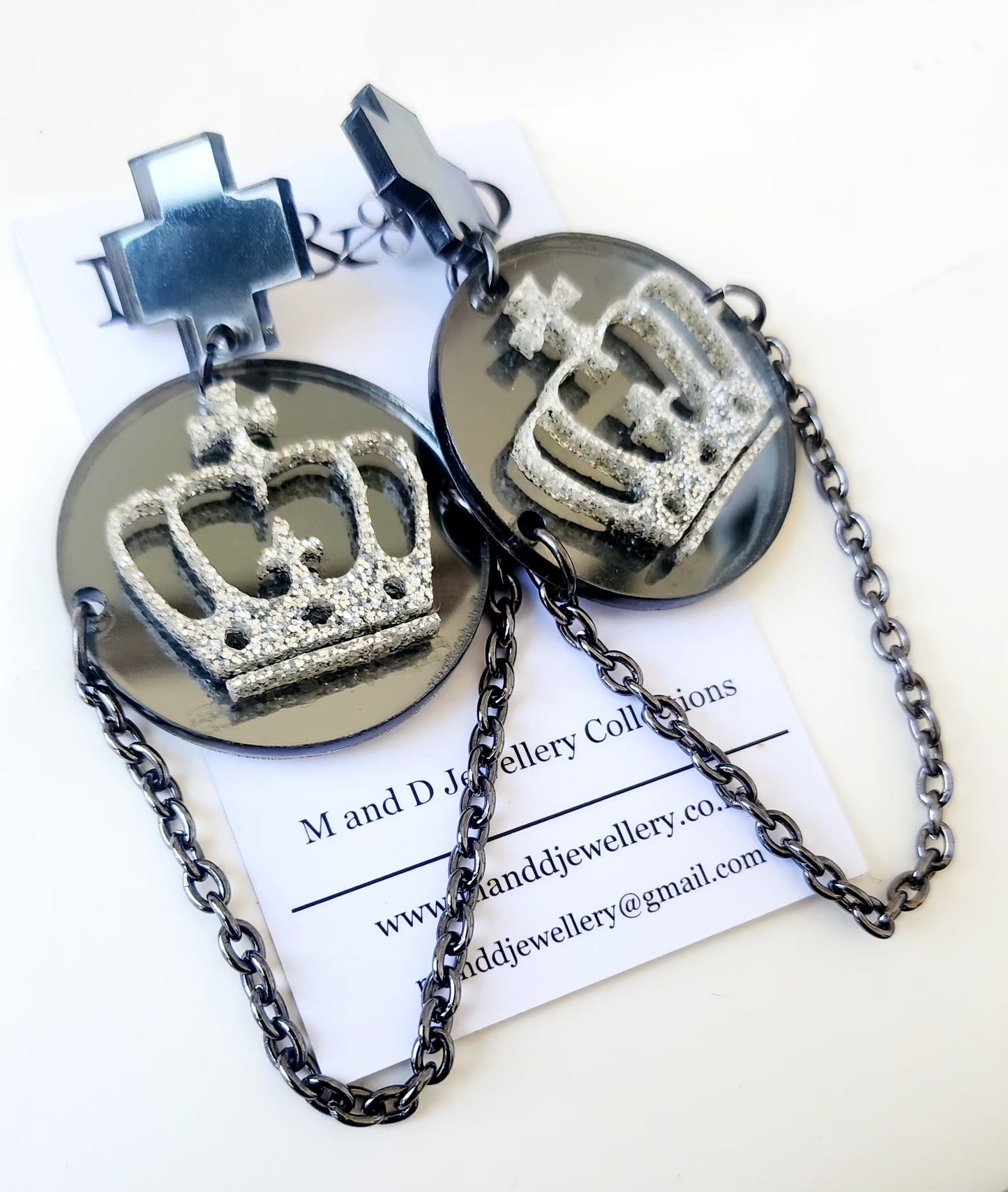 Crown on Glitter Disc Stud Dangles Earrings