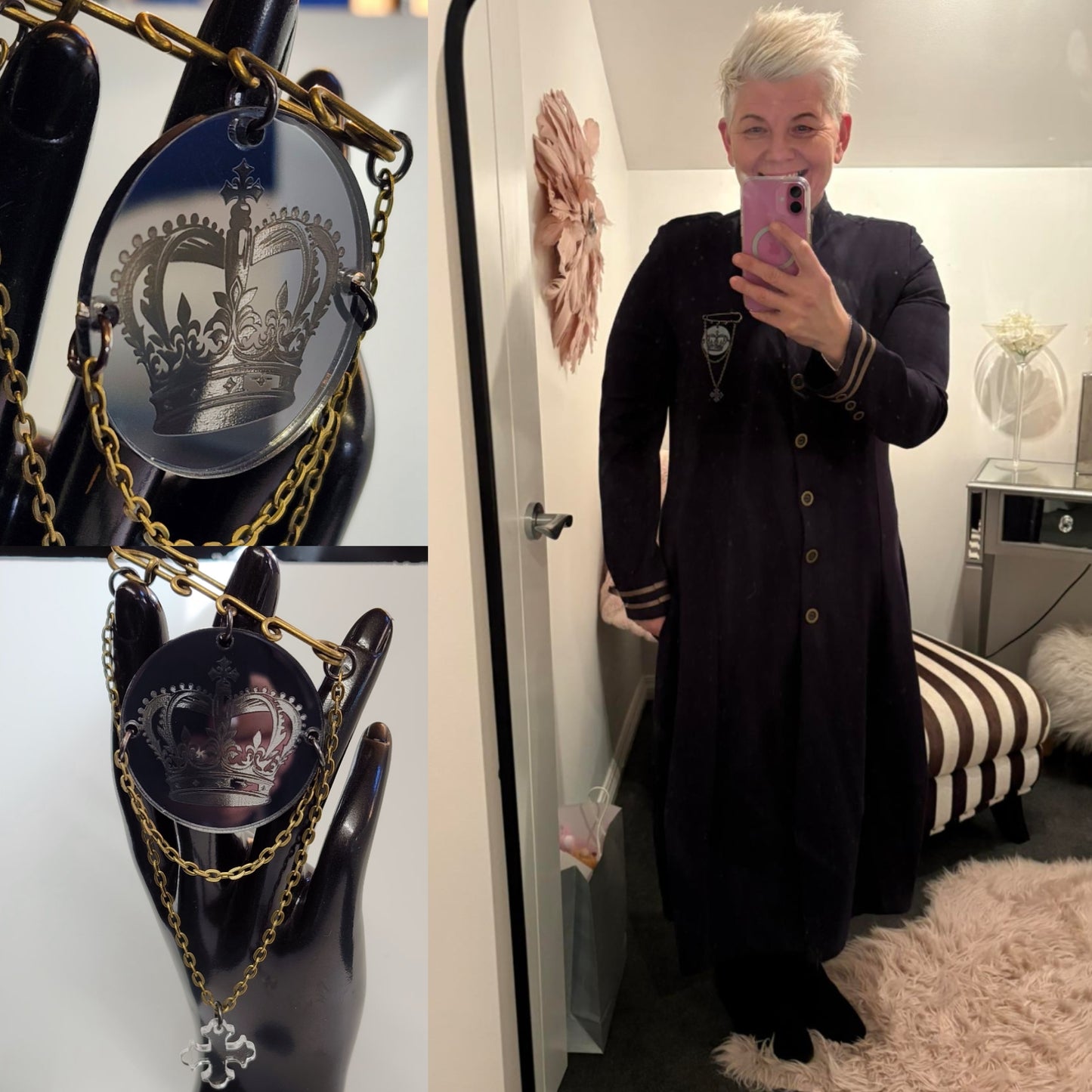 Kilt Pin Crown Engraved Mirror Brooch with chain and charm detail