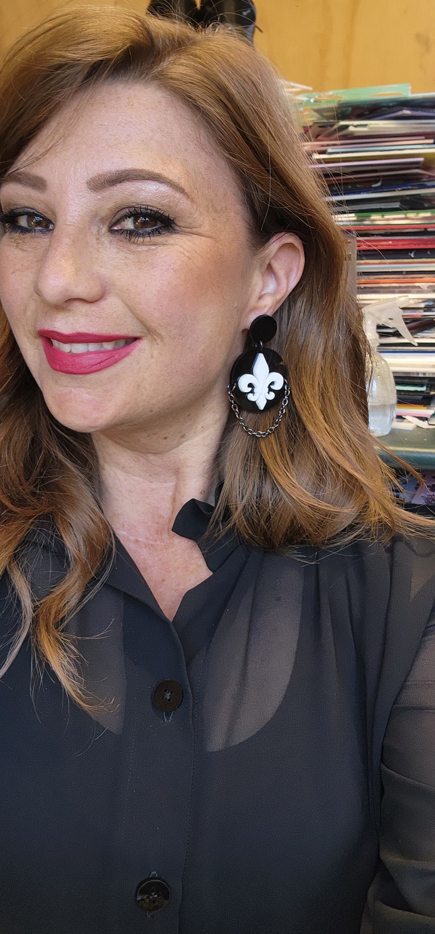 Fleur De Lis on Disc Stud Dangles Earrings