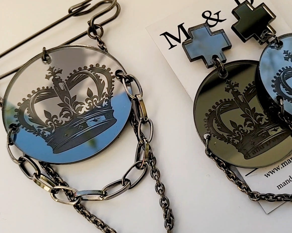 Kilt Pin Crown Engraved Mirror Brooch with chain and charm detail