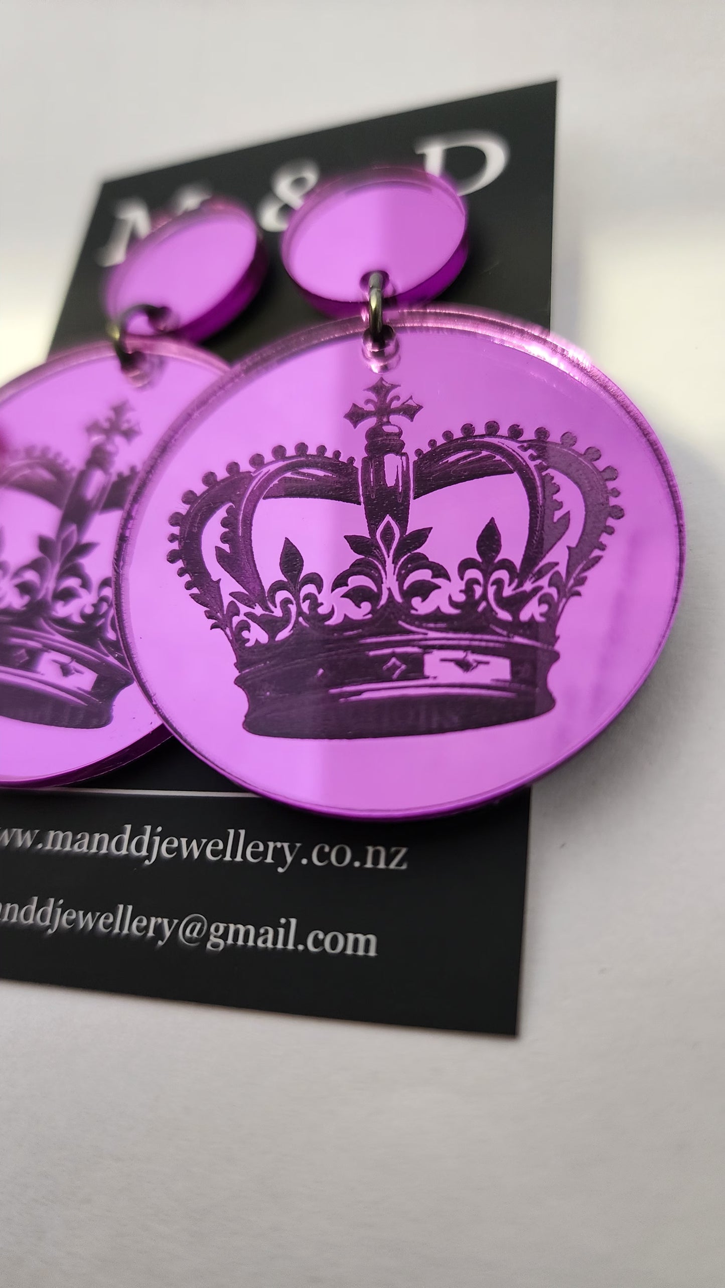 Engraved Crown Mirrored Stud Dangle Earrings