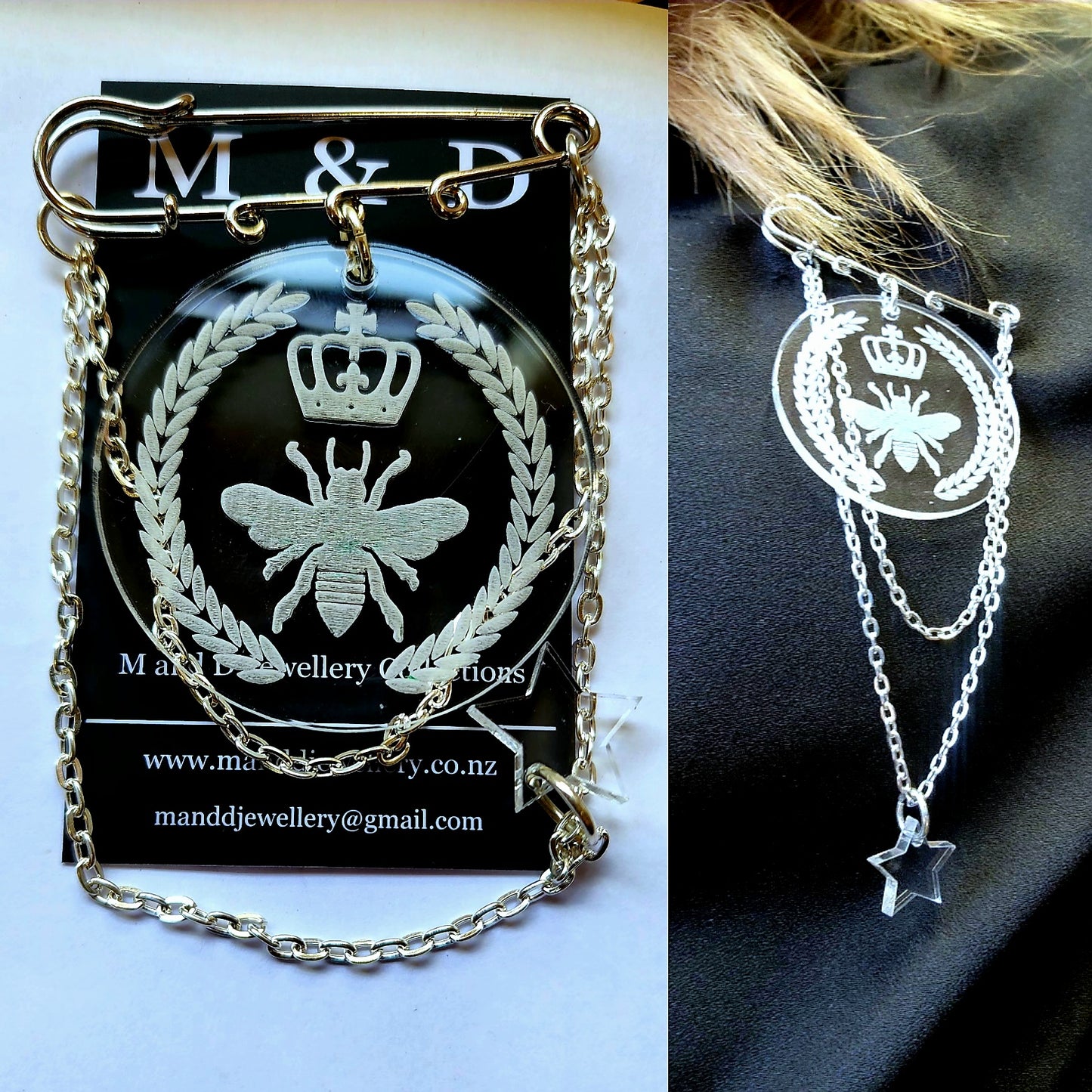 Kilt Pin Queen Bee Engraved Mirror Brooch with chain and charm detail