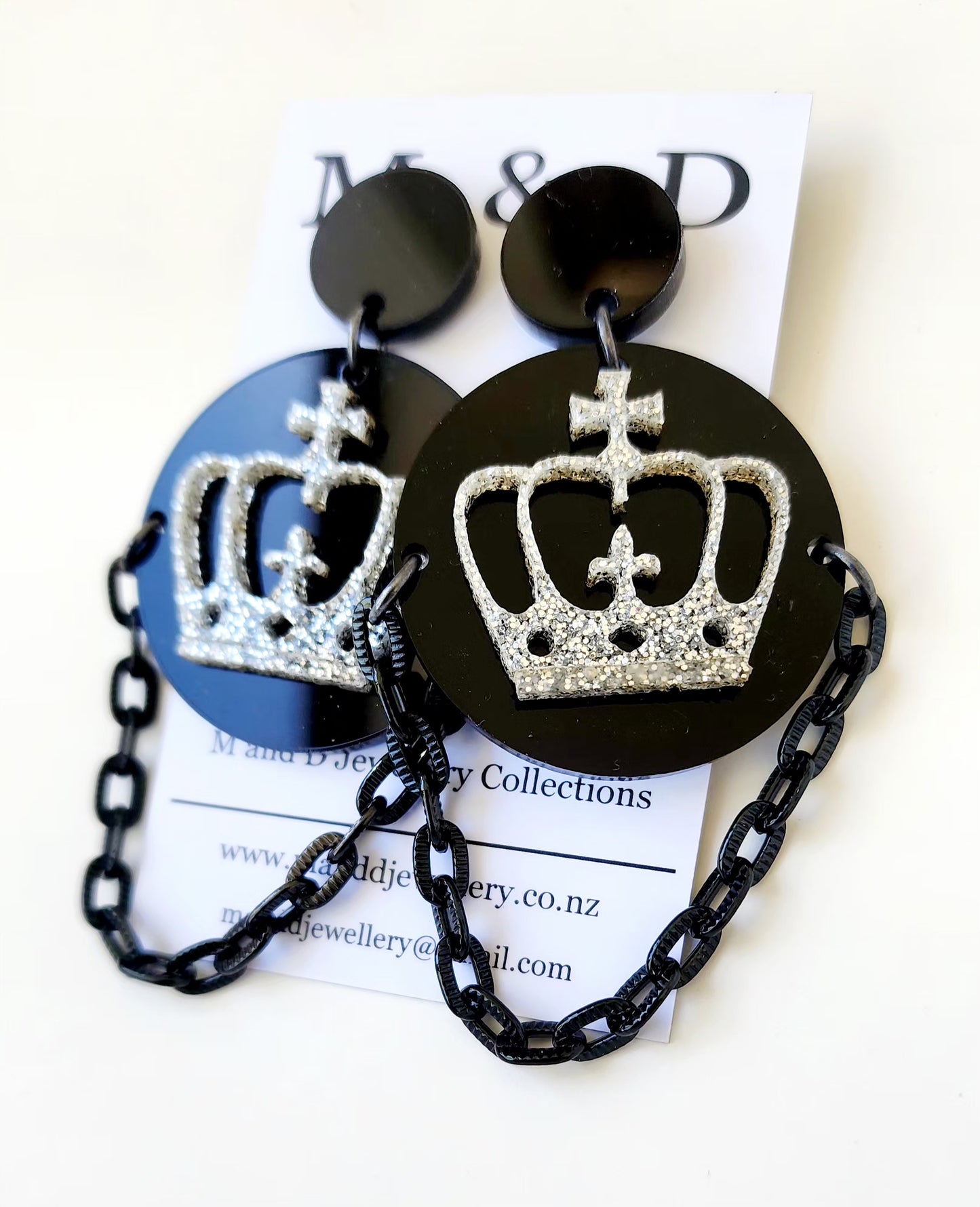 Crown on Glitter Disc Stud Dangles Earrings