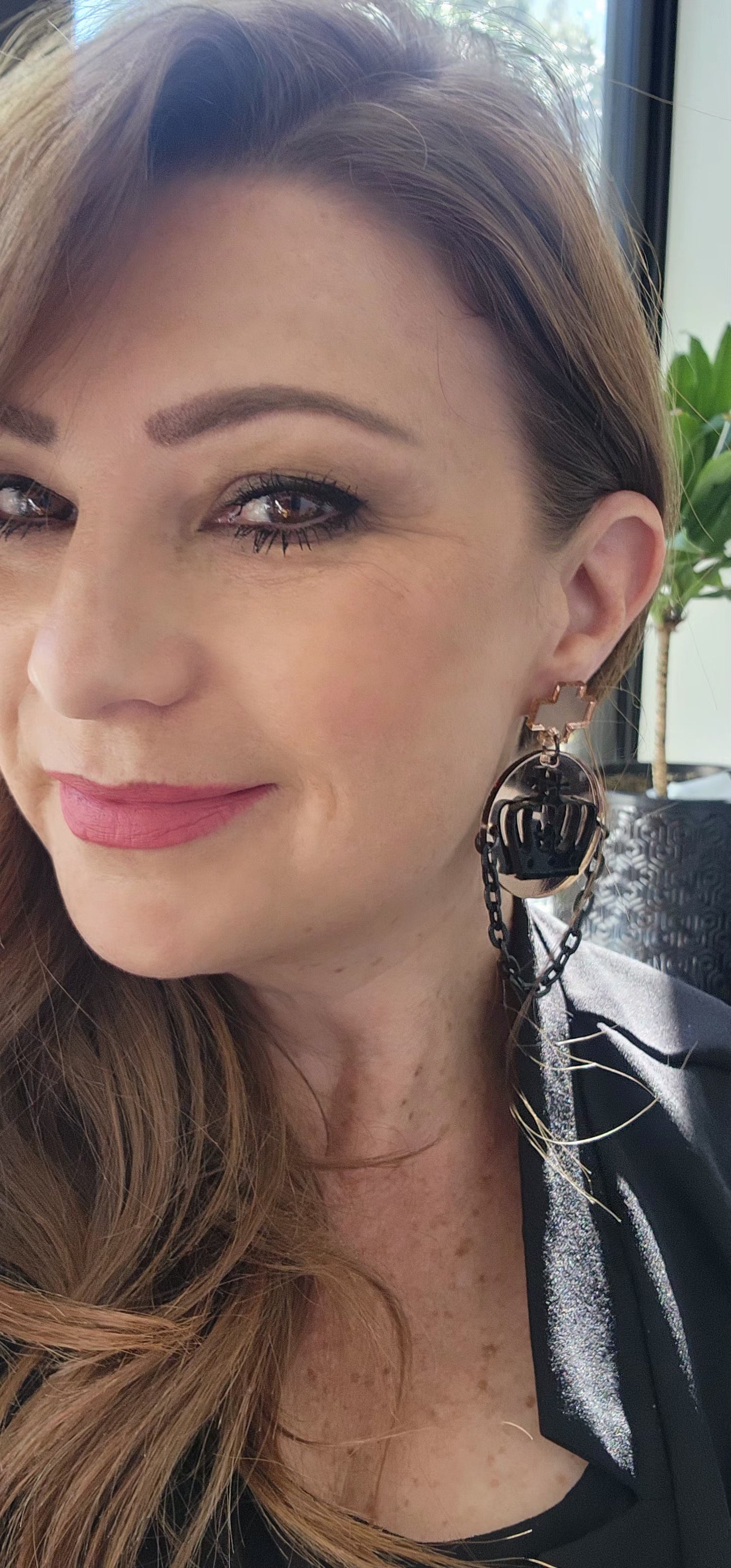 Crown on Glitter Disc Stud Dangles Earrings