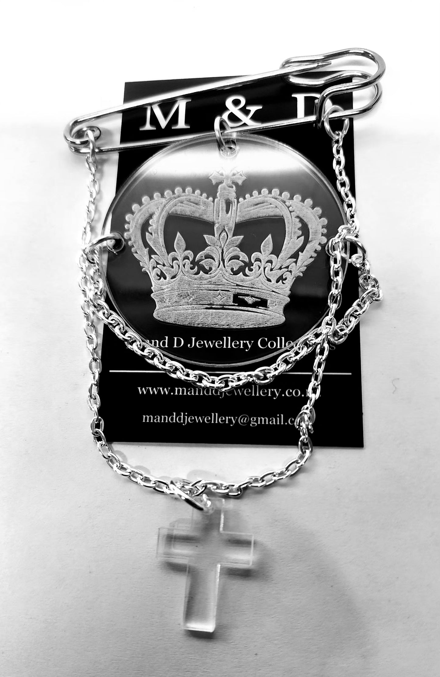 Kilt Pin Crown Engraved Mirror Brooch with chain and charm detail