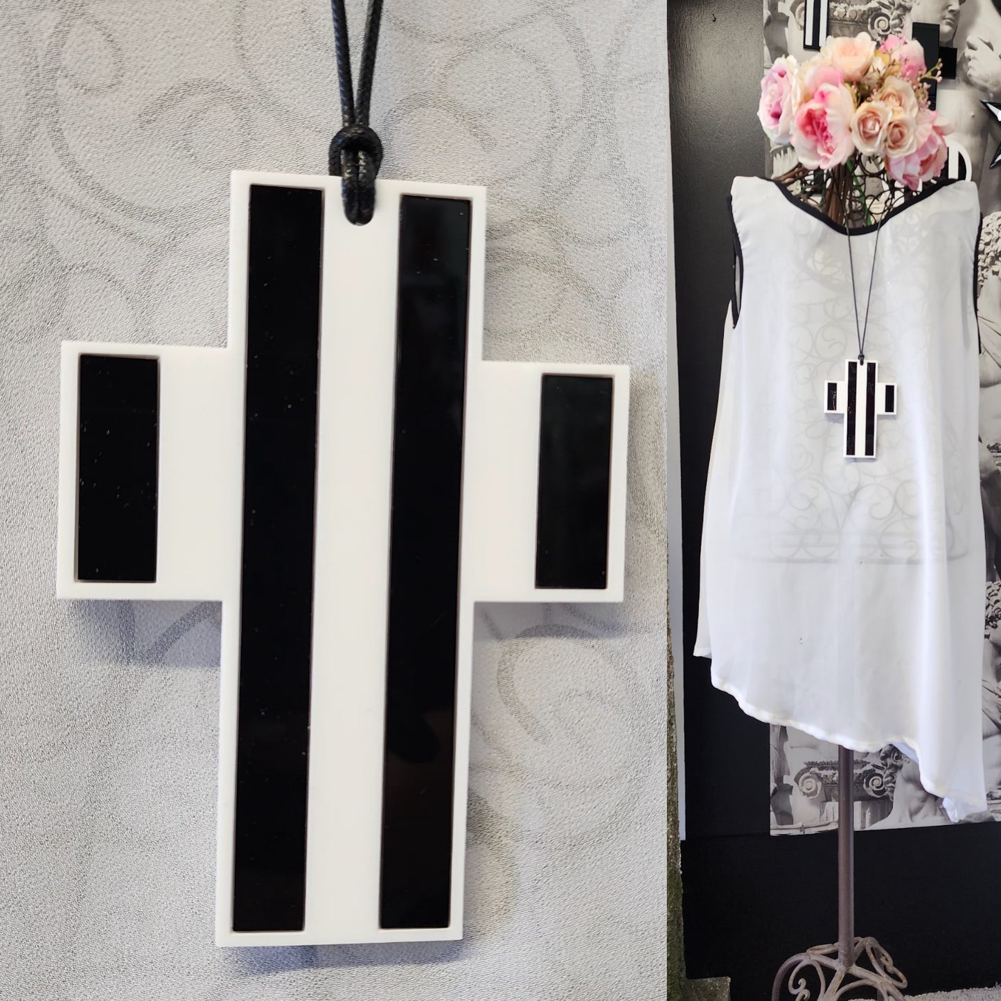 Stripey Cross Chunky Statement Necklace 6mm Thick