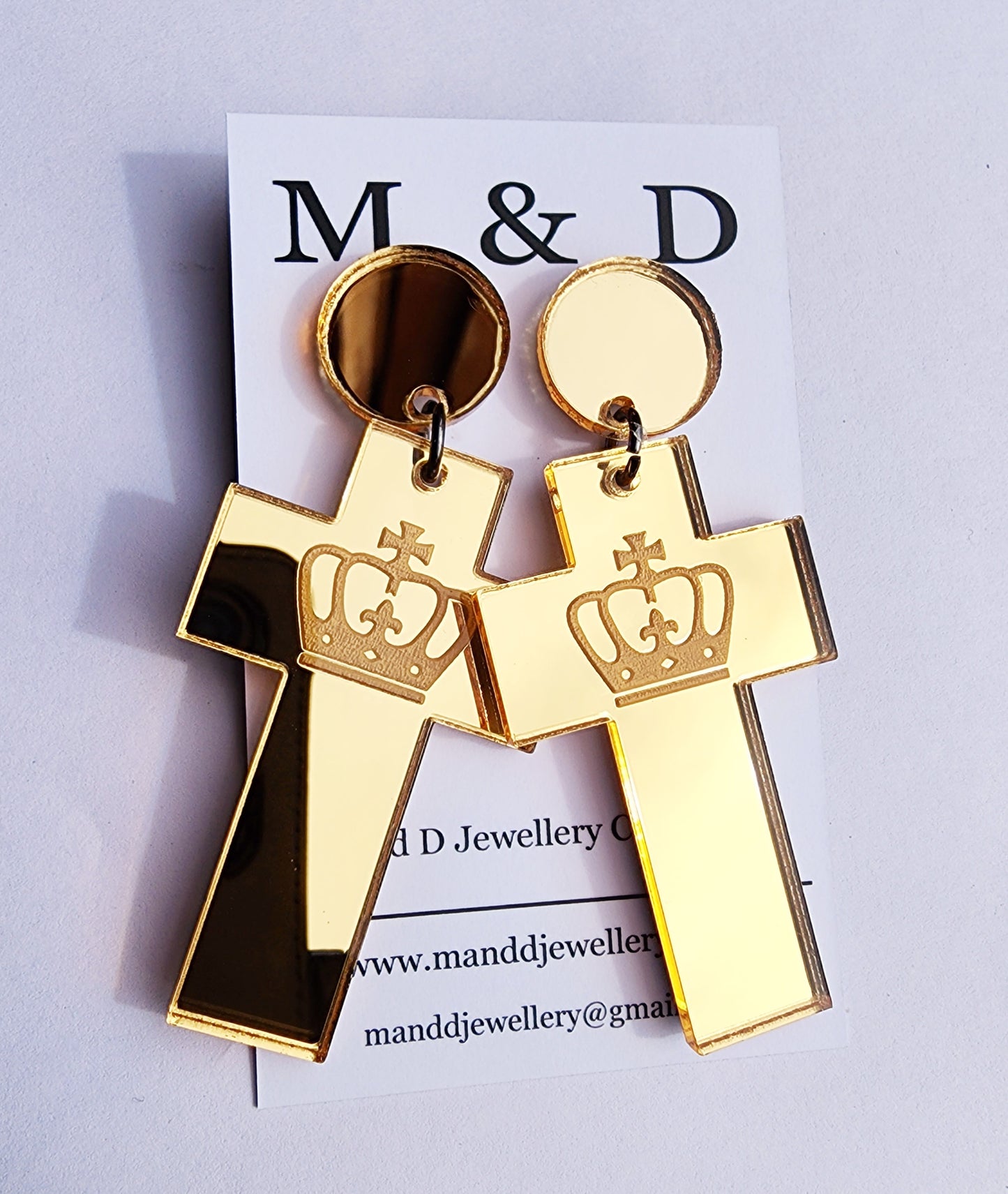 Crown Engraved Mirror Stud Dangle Earrings