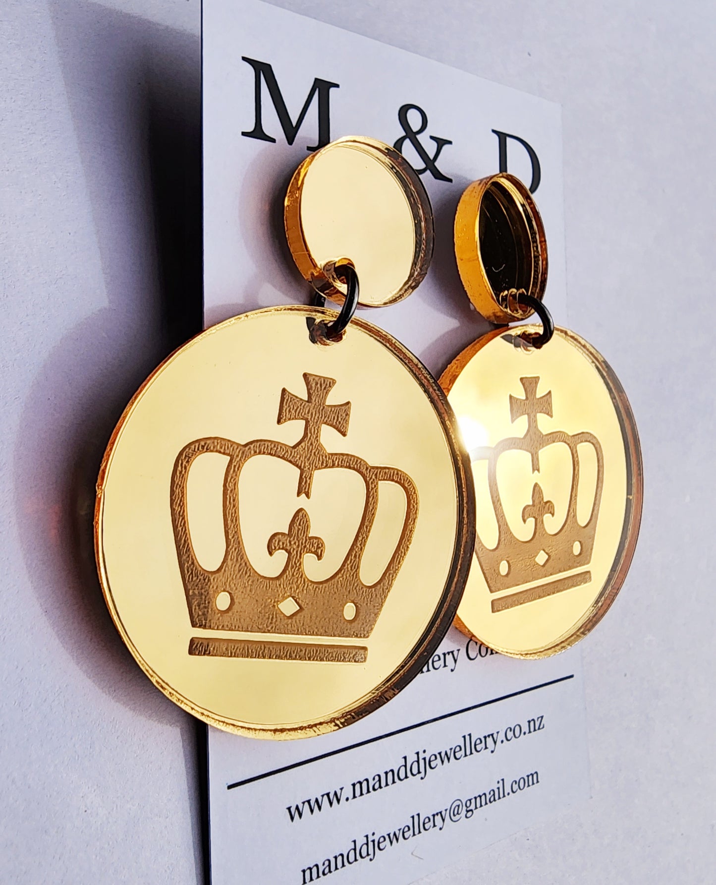 Crown Engraved Mirror Stud Dangle Earrings