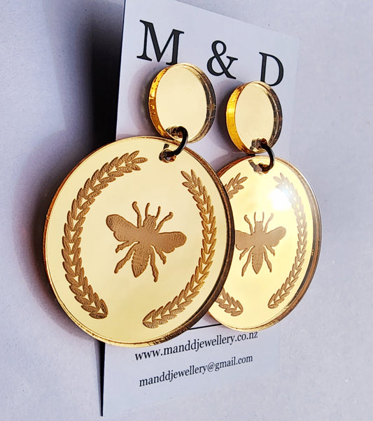 Bee Engraved Mirror Earrings Stud Dangles