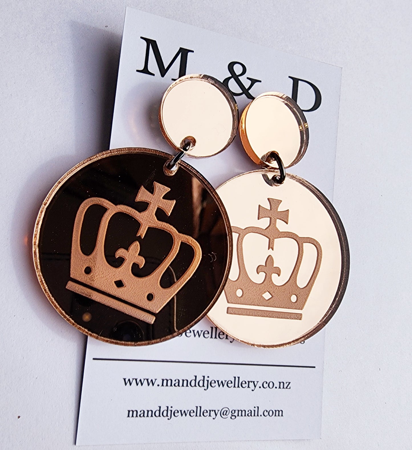 Crown Engraved Mirror Stud Dangle Earrings