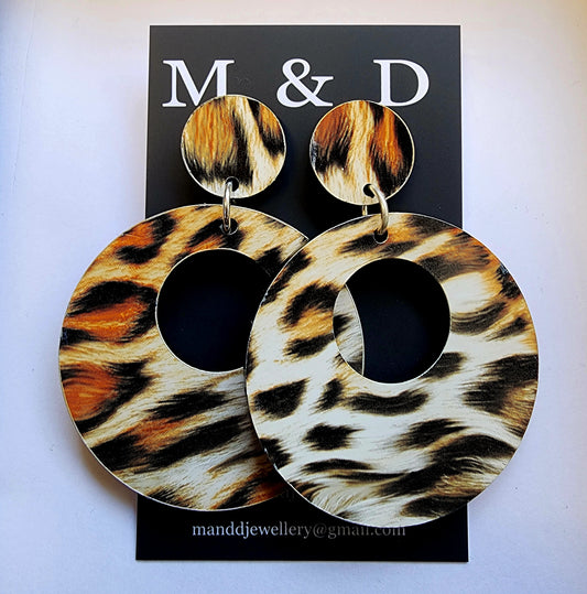 Patterned Leopard Circle Stud Dangle Earrings