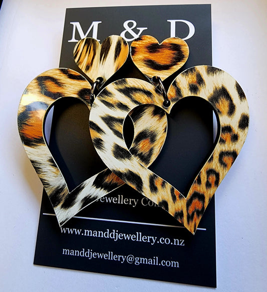 Patterned Leopard Heart Stud Dangle Earrings