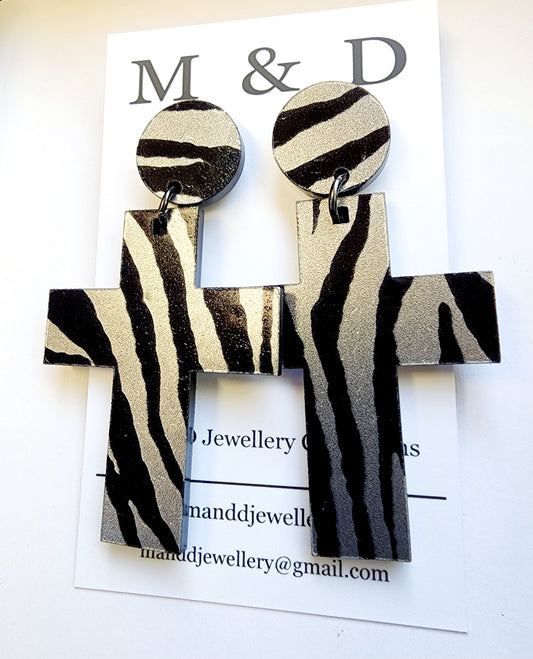 Patterned Leopard Cross Stud Dangle Earrings