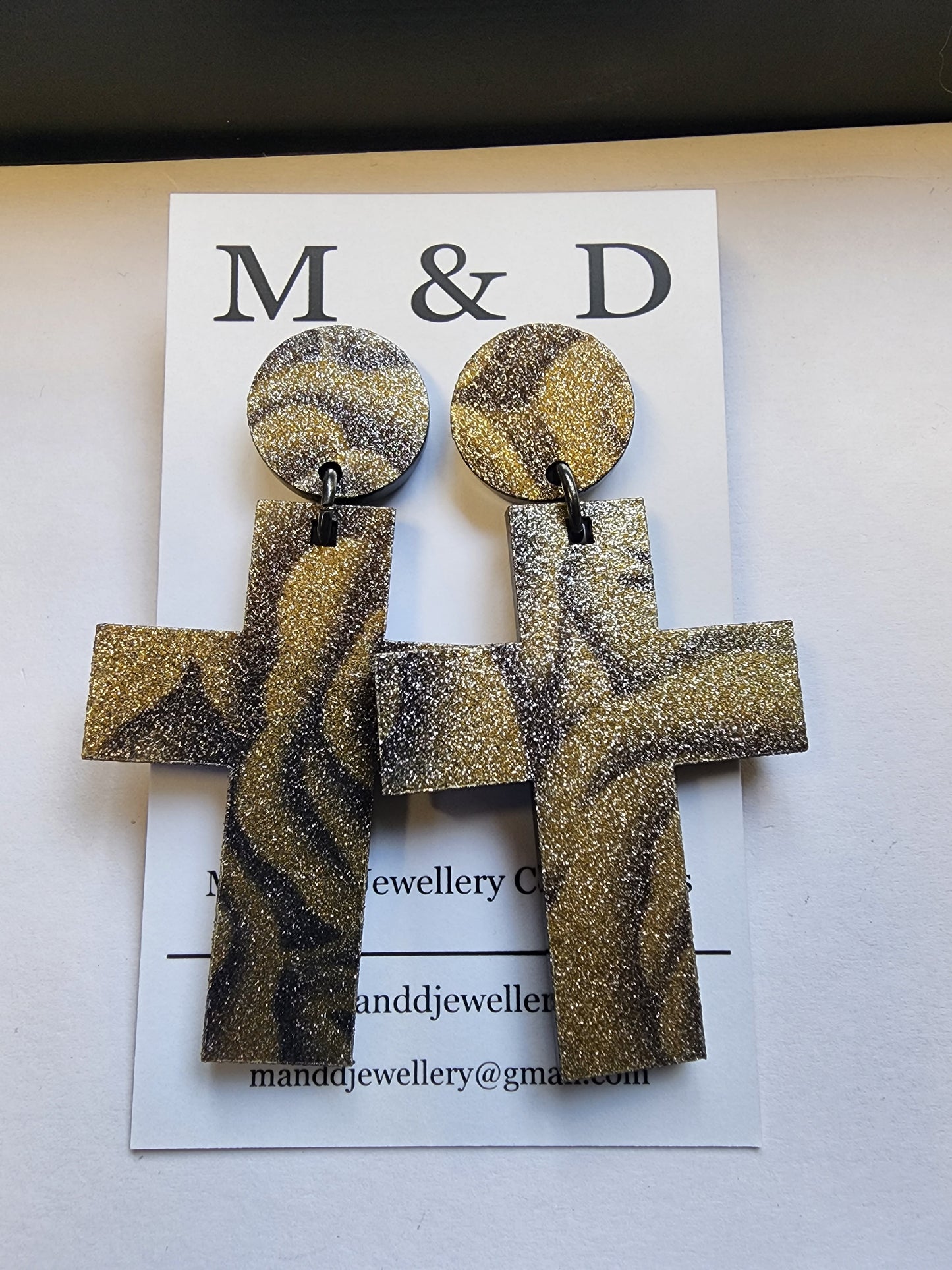 Patterned Leopard Cross Stud Dangle Earrings