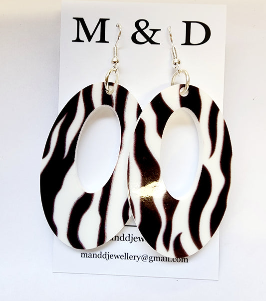 Patterned Zebra White Black Ovals Dangle Earrings