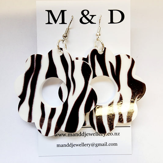 Patterned Flower Power Zebra Black White Dangle Earrings