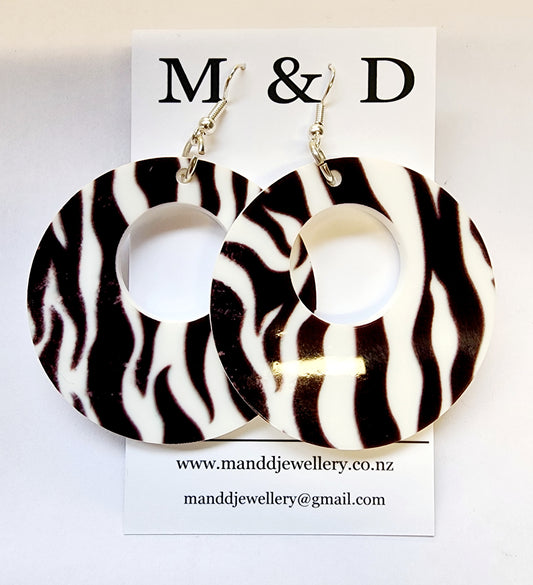 Patterned Zebra Black White Circles Dangle Earrings