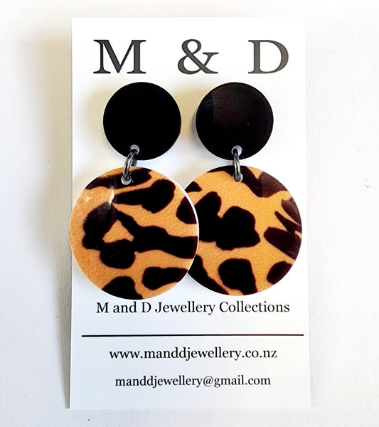 Patterned Disc Ginger Leopard Stud Dangle Earrings